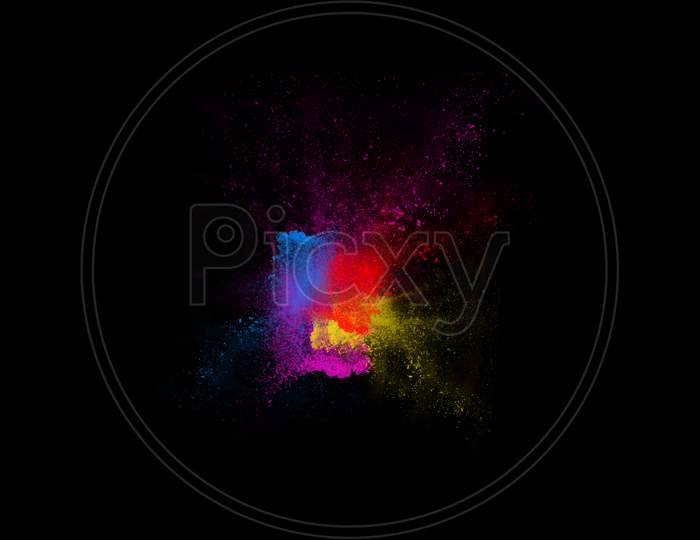 Colorful Rainbow Holi Paint Color Powder And Dust Explosion Isolated With Black Wide Background. Illustration