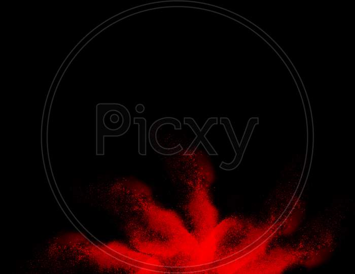 Red Color Powder And Dust Explosion Isolated With Black Wide Background. Illustration Of Colored Background
