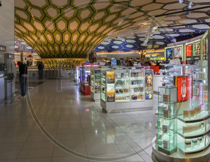 Abu Dhabi,United Arab Emirates,April 09,2019: The Airport This Is The Duty Free Area Of Terminal 3,Where You Can Buy Alcohol,Cigarettes,Chocolat And Perfume.