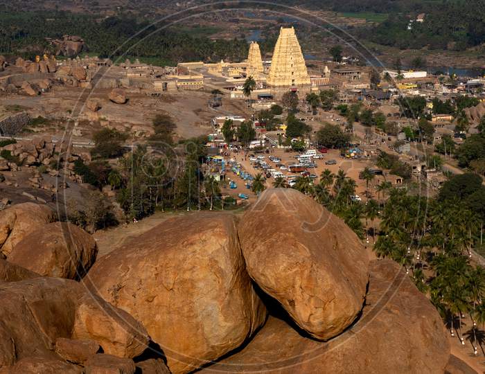 View Of Virupaksha Temple From Matanga Hill with Mountains in the Background