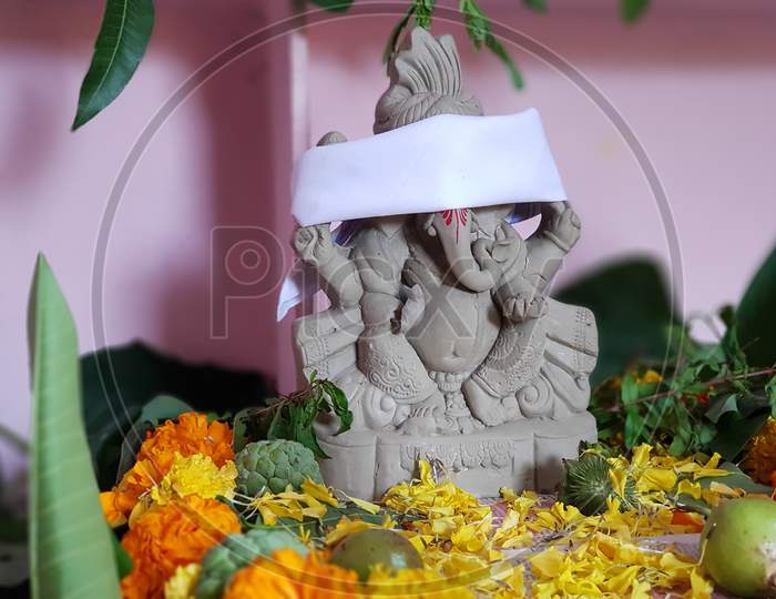 Eco Friendly Ganesha Idol for Ganapati Pooja. Vinayaka Chaviti Image