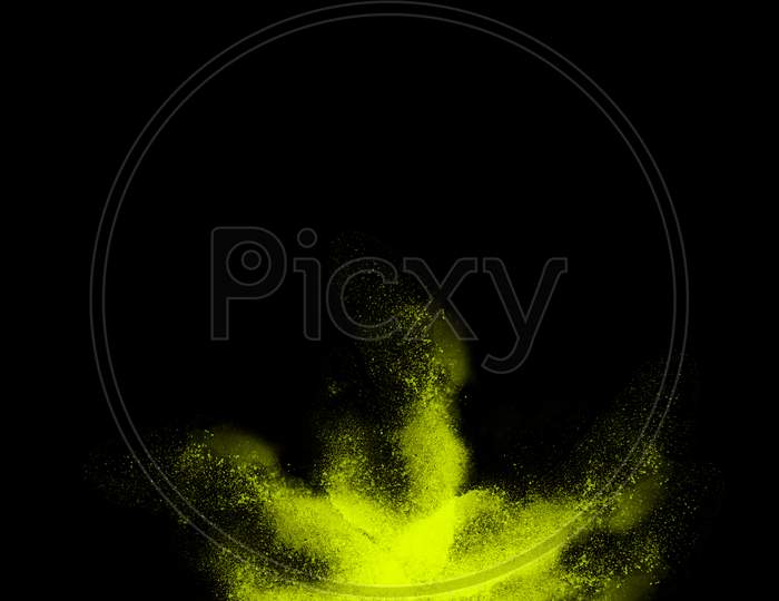 Yellow Color Powder And Dust Explosion Isolated With Black Wide Background. Illustration Of Colored Background