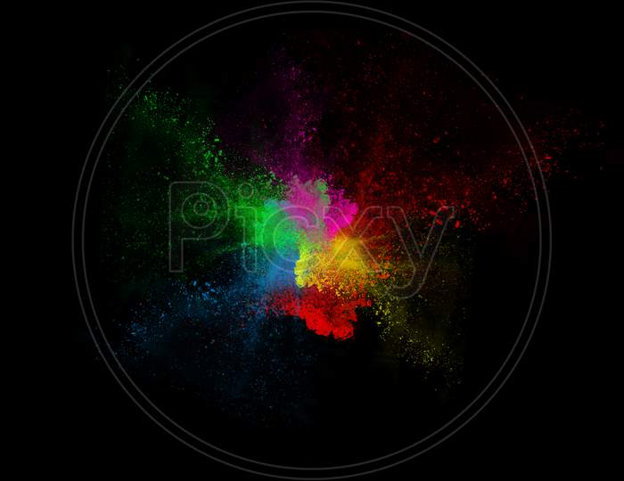 Colorful Rainbow Holi Paint Color Powder And Dust Explosion Isolated With Black Wide Background. Illustration
