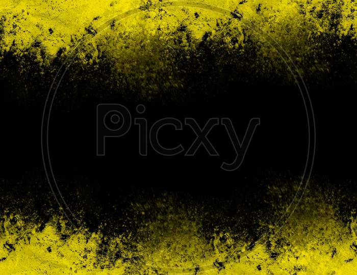 Yellow Color Powder And Dust Explosion Isolated With Black Wide Background. Illustration Of Colored Background
