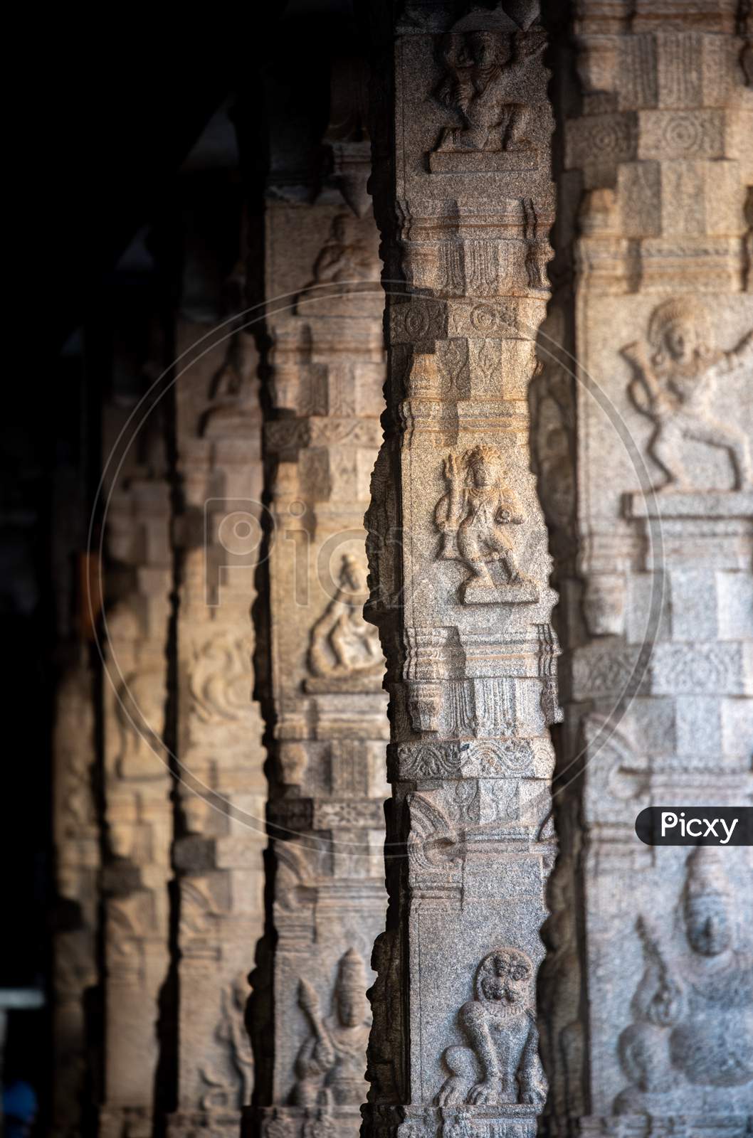 Stone Carved Pillars in An Ancient Hindu Temple in Hampi