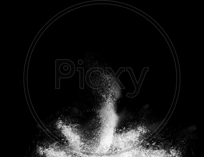 White Powder And Dust Explosion Isolated With Black Wide Background. Illustration Of Background