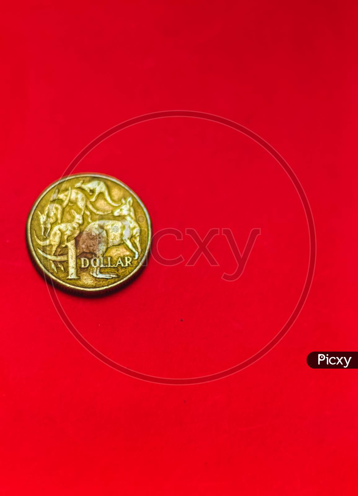 Australian Dollar Coin Front Isolated On Red Background With Soft Blurry And Space For Copy Text. One Dollar Coin 1995 Australian Currency. Old Coins Collections Worldwide.