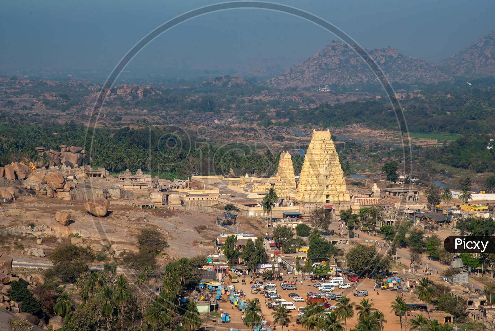 Aerial View of Virupaksha Temple from Matanga Hills with Mountains in the Background