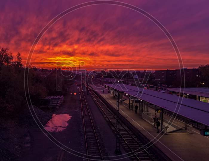 Stuttgart,Germany - November 15,2019:Korntal(Train Station)This Was A Colorful Sundown Above The Small Station Between Korntal And Weilimdorf.