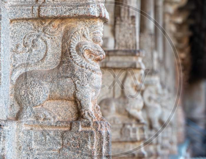 Close up shot of Stone Carved Pillars in An Ancient Hindu Temple in Hampi