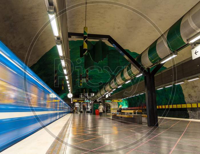 Train Leaving Huvudsta Metro Station In Stockholm