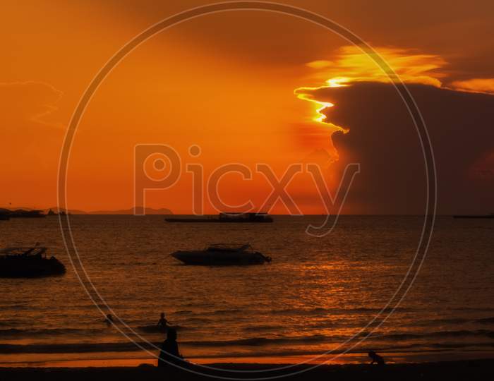 A Colorful Sundown Above The Beach Of Pattaya In Thailand