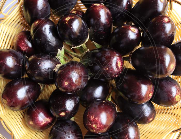Fresh Raw Sliced Purple Eggplant Brinjal or Eggplant isolated on white background