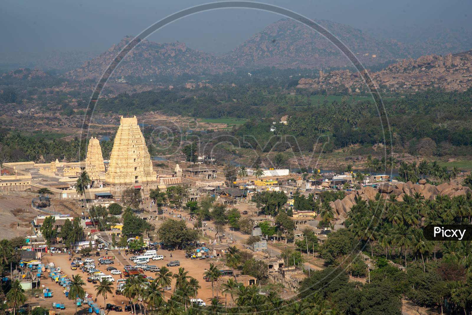 Aerial View of Virupaksha Temple from Matanga Hills with Mountains in the Background