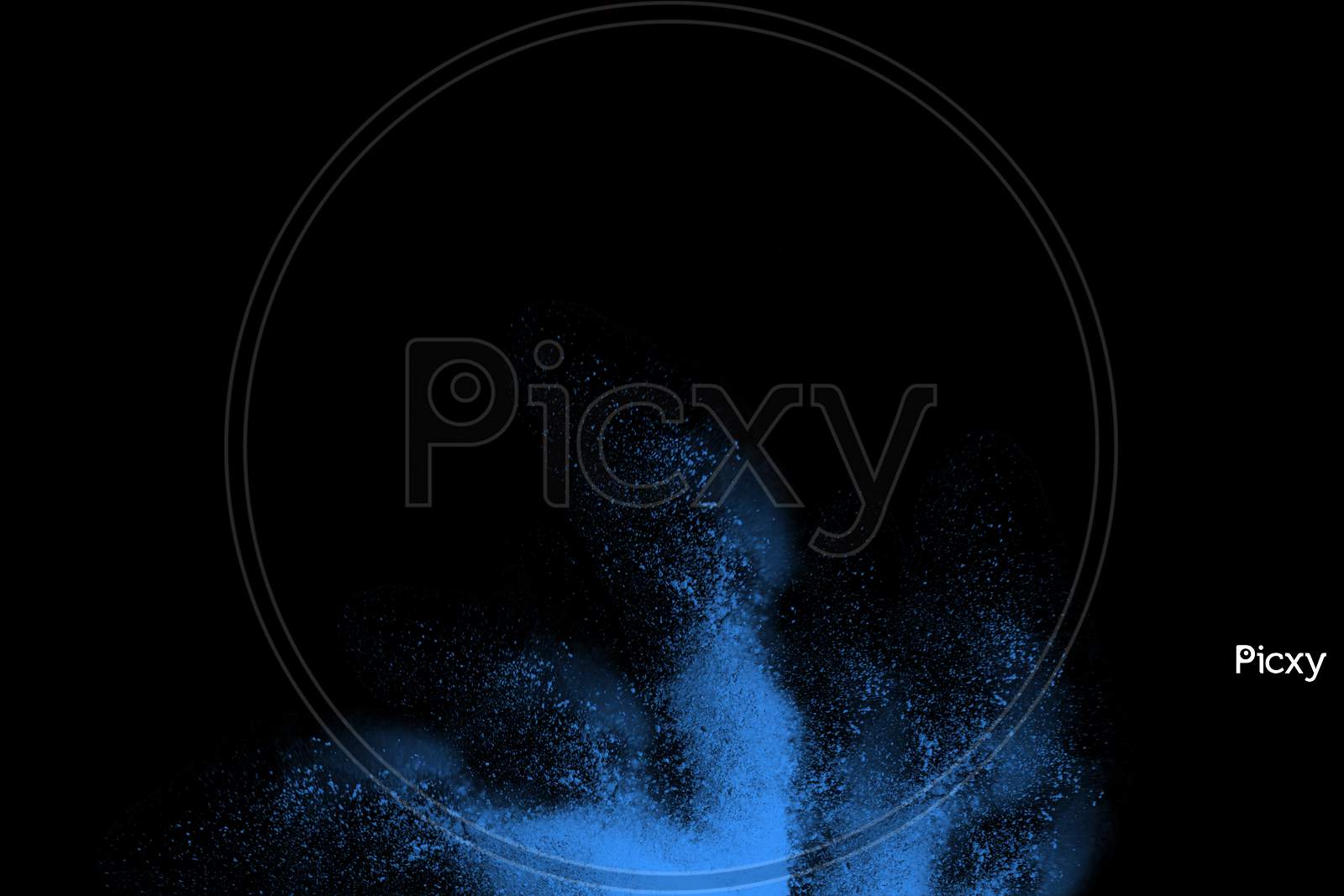 Blue Color Powder And Dust Explosion Isolated With Black Wide Background. Illustration Of Colored Background