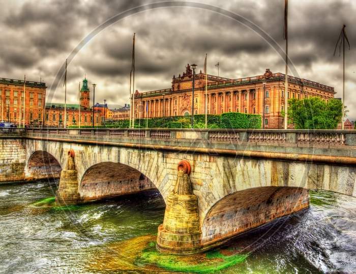 Norrbro Bridge And Parliament In Stockholm, Sweden