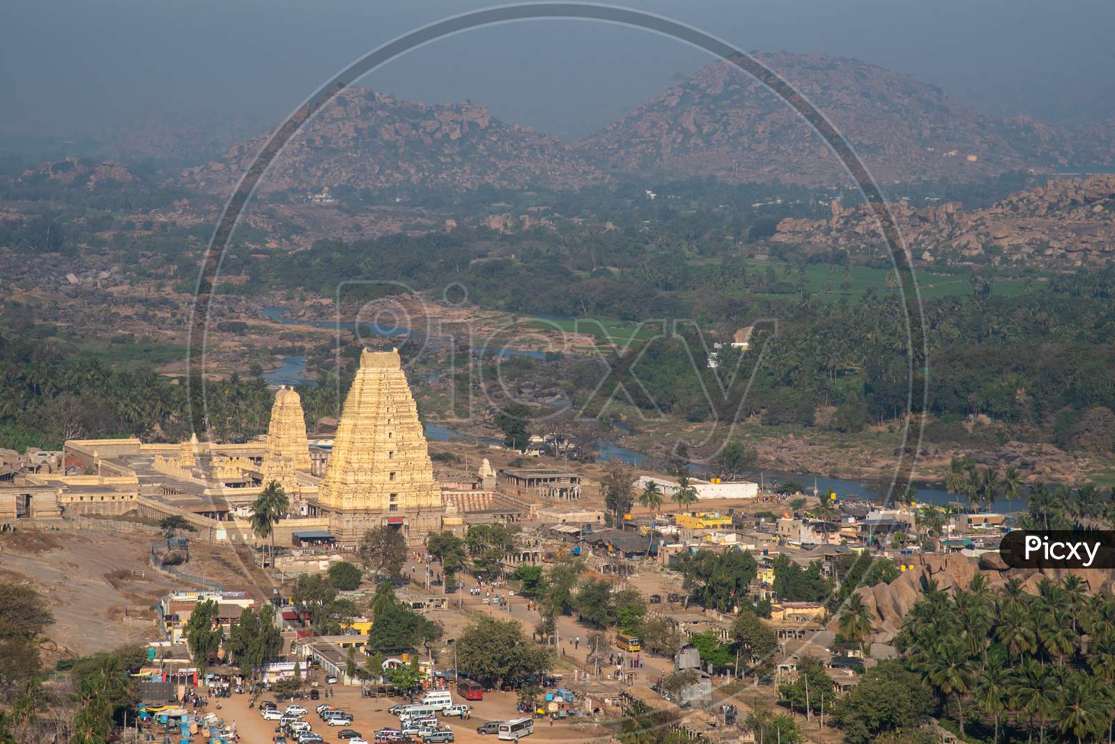View Of Virupaksha Temple From Matanga Hill with Mountains in the Background