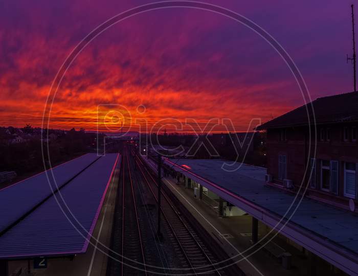 A Colorful Sundown Above A Small Train Station In Stuttgart