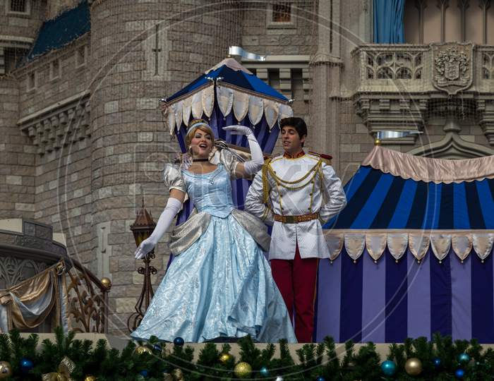 Cinderella and the prince dancing in the Dreams Come True performance in Magic Kingdom Orlando Florida