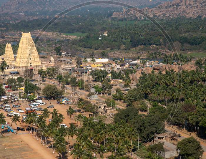 Aerial View of Virupaksha Temple from Matanga Hills with Mountains in Hampi