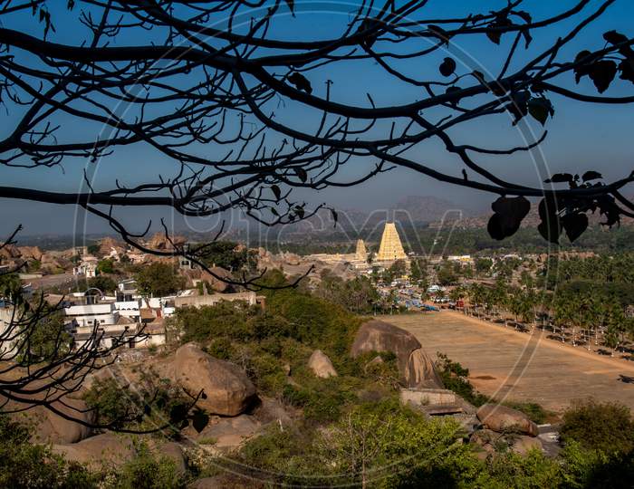 View of Virupaksha Temple from Matanga Hills with Mountains in Hampi