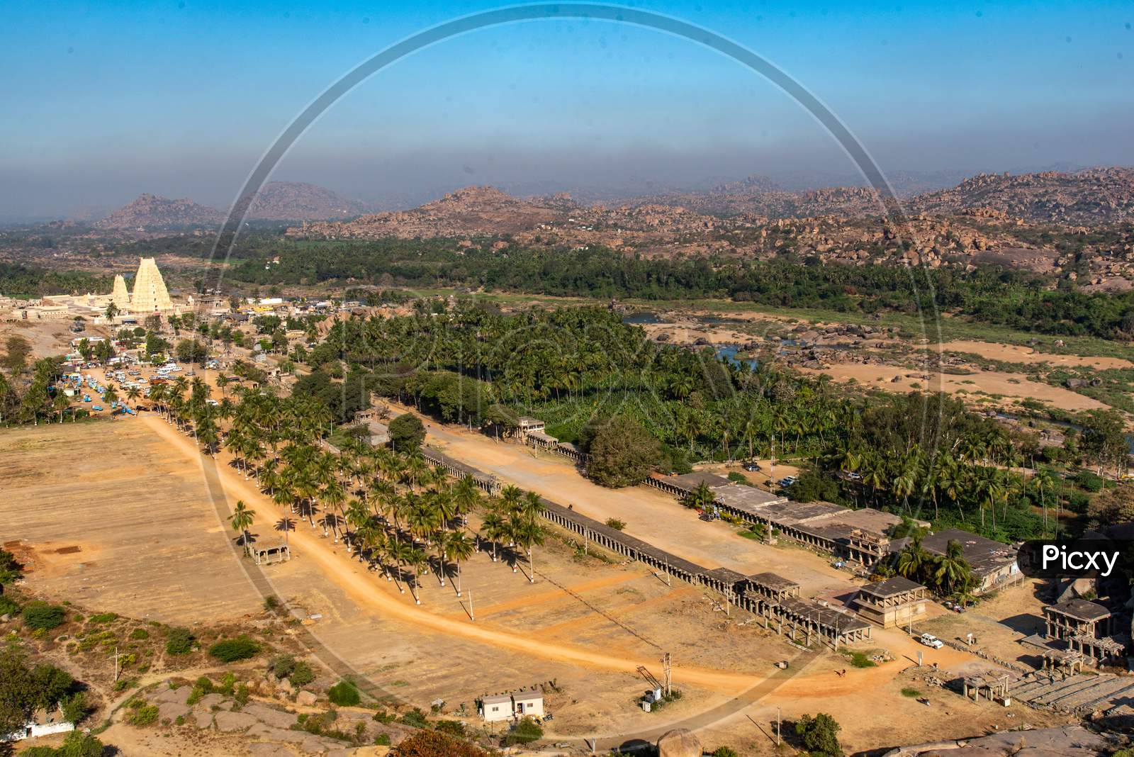 Aerial View of Virupaksha Temple from Matanga Hills with Mountains in Hampi