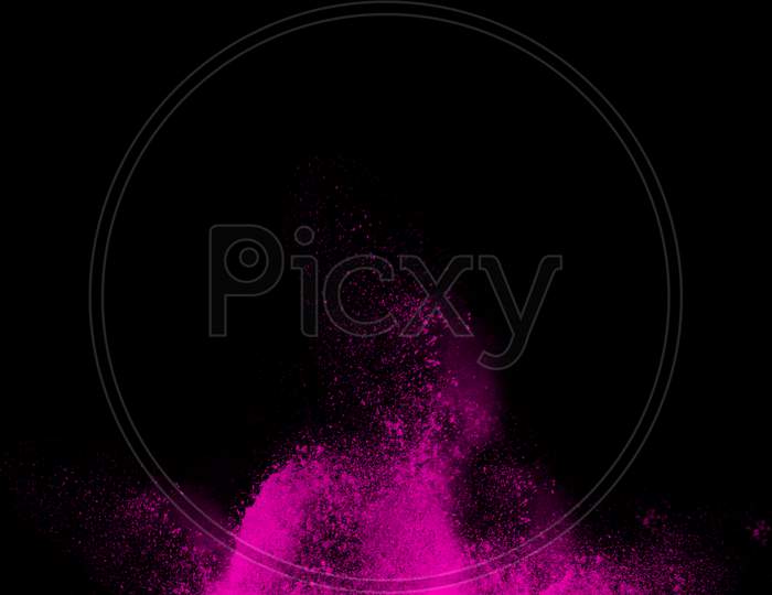 Violet Color Powder And Dust Explosion Isolated With Black Wide Background. Illustration Of Colored Background