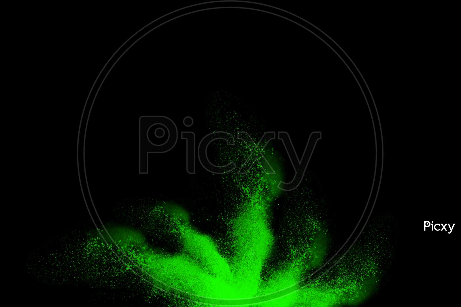 Green Color Powder And Dust Explosion Isolated With Black Wide Background. Illustration Of Colored Background