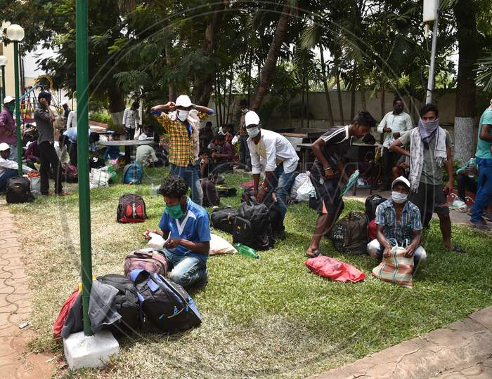 Migrant Workers Wait At A Relief Shelter To Board A Special Train To Reach Their Native Places, During The Ongoing Coronavirus Lockdown, In Guntur District.