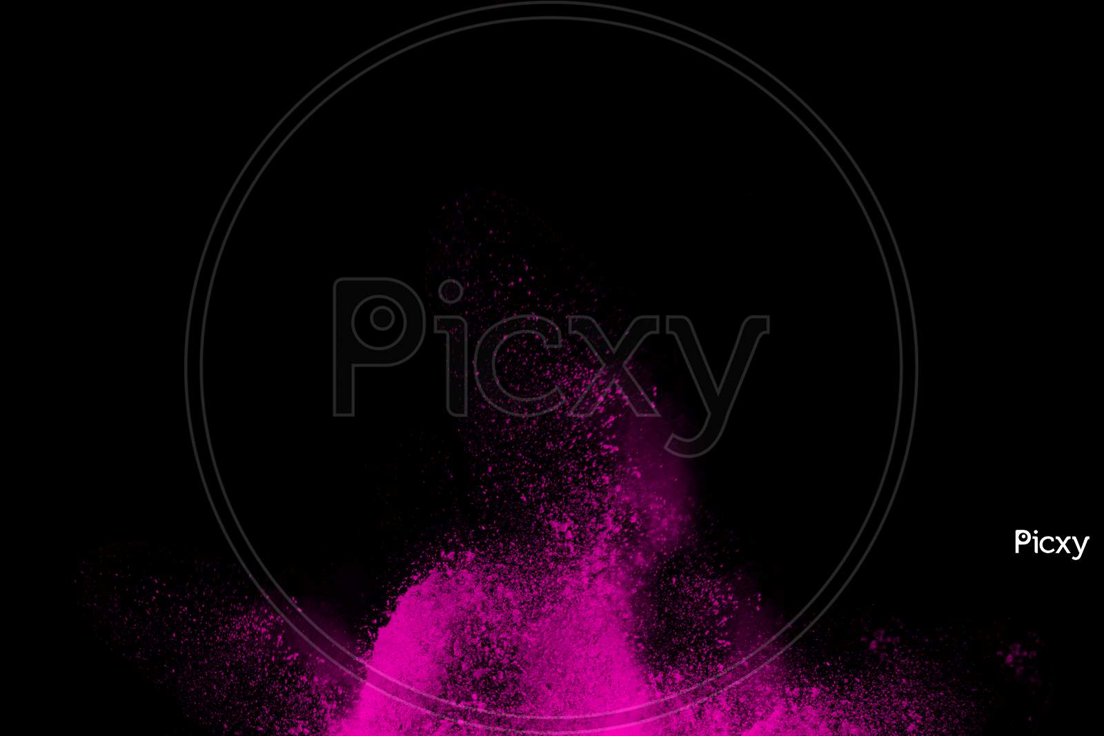 Violet Color Powder And Dust Explosion Isolated With Black Wide Background. Illustration Of Colored Background