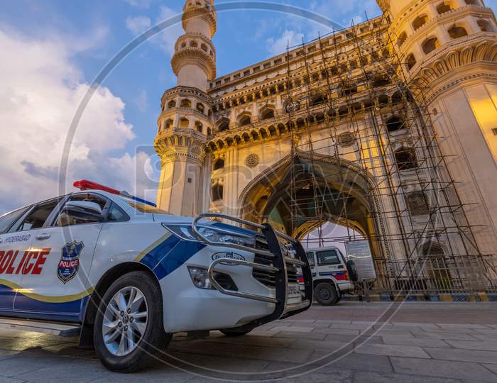 Police Vehicle Or Traffic Patrol Van Representation  Of Telangana Police  Who Worked For COVID-19 Or Coronavirus Pandemic Over Charminar Background