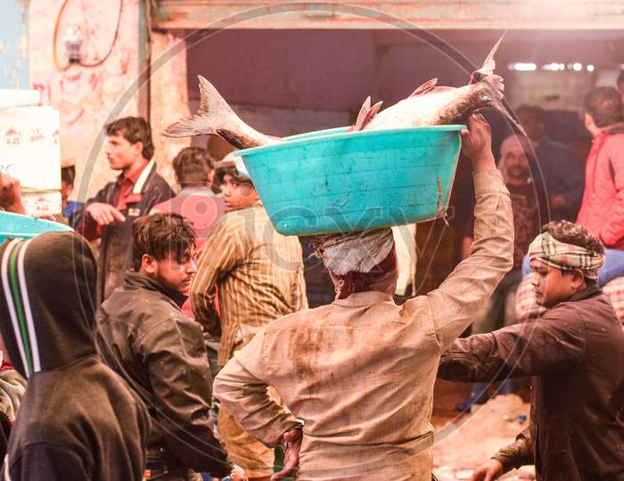 Delhi / India - June 01, 2019: Man Carrying Fish n a tub in a fish market in Delhi