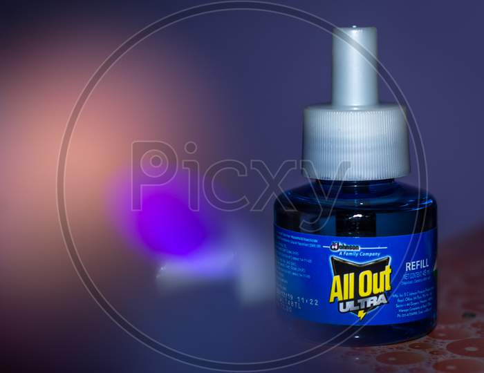 Delhi, India - 20-April-2020 : All Out Good Night Mosqueto Kill Machine Or Liquid Is Specially Formulated To Kill Dengue & Malaria Carrying Mosquitoes.