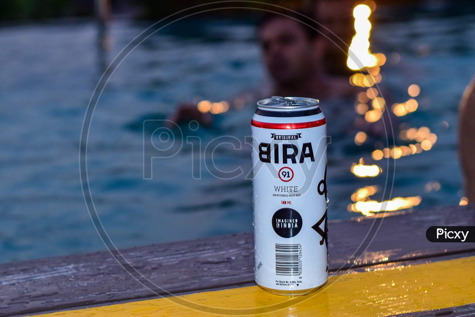 Manesar, 2018 : Bira Beer can kept near swimming pool in a resort. Bira is one of the upcoming beer brand in India manufactured by Bira91 B9 Beverages. It is available in various variants