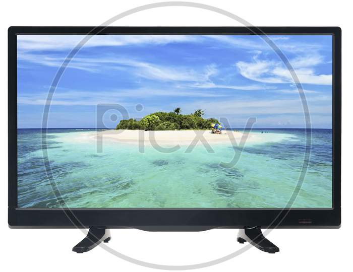 Smart TV or Android TV With a Beautiful Wallpaper Display Over an Isolated White Background