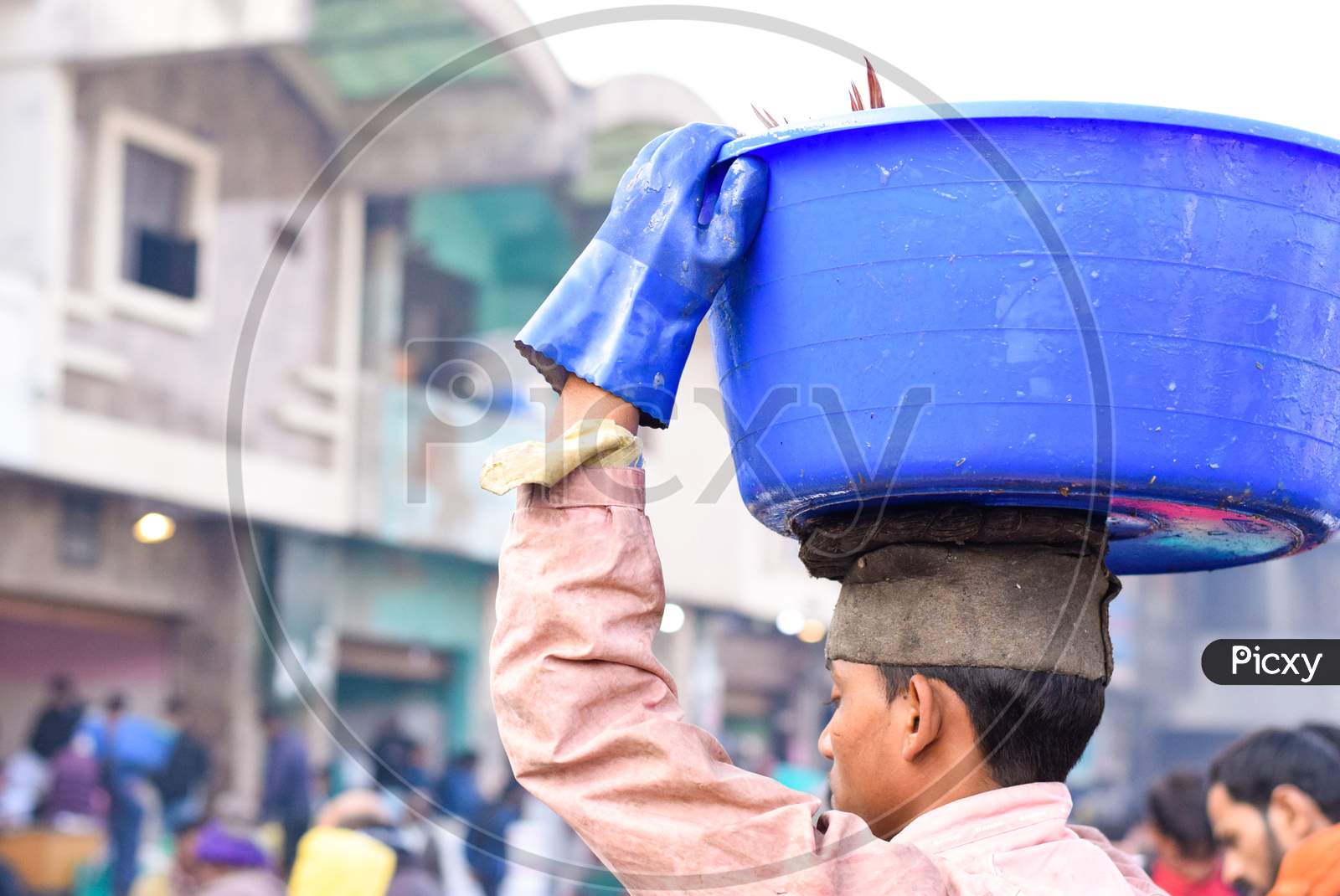 Delhi 2019 : A daily wager carrying blue color plastic tub on his head. Daily wagers provide their services in fish market on routine basis