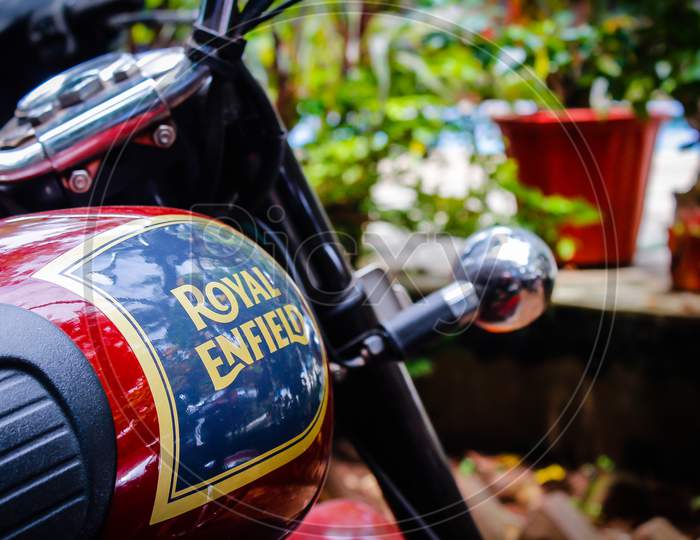 India, Goa – April - 2017 The Fuel Tank Of The Royal Enfield Motorcycle