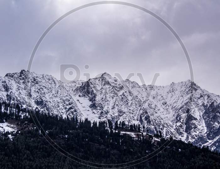 Landscape Of Mountain Range Covered With Snow In Manali During Summers