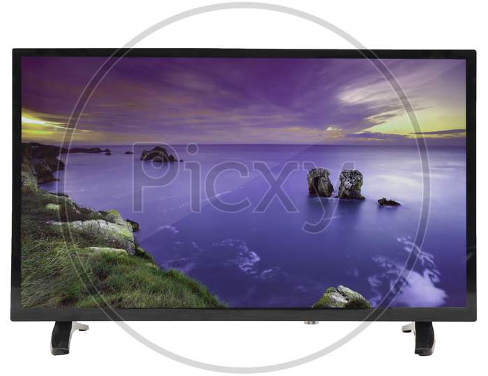 Smart TV Or Android TV With Beautiful Wallpaper On Display Over an Isolated White Background