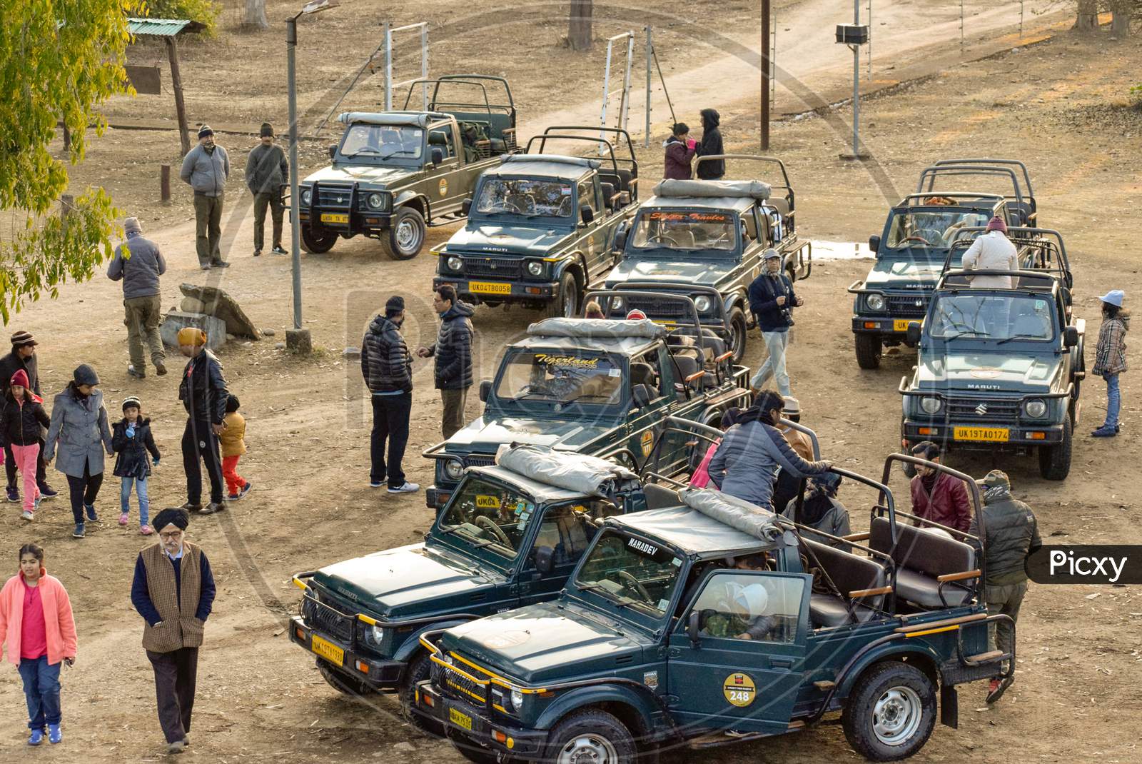 Jim Corbett, Uttranchal / India - February 09 2019: Maruti Gypy assembling for Jungle Safari. Maruti Gypsy is most commonly used vehicle during off road safari ride