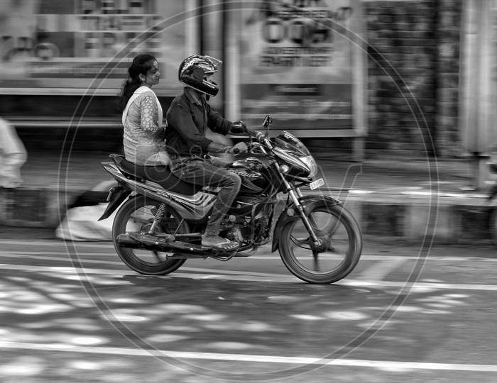 Delhi, India - 17 February 2019: Riding On A Motorbike (Blurred Motion).