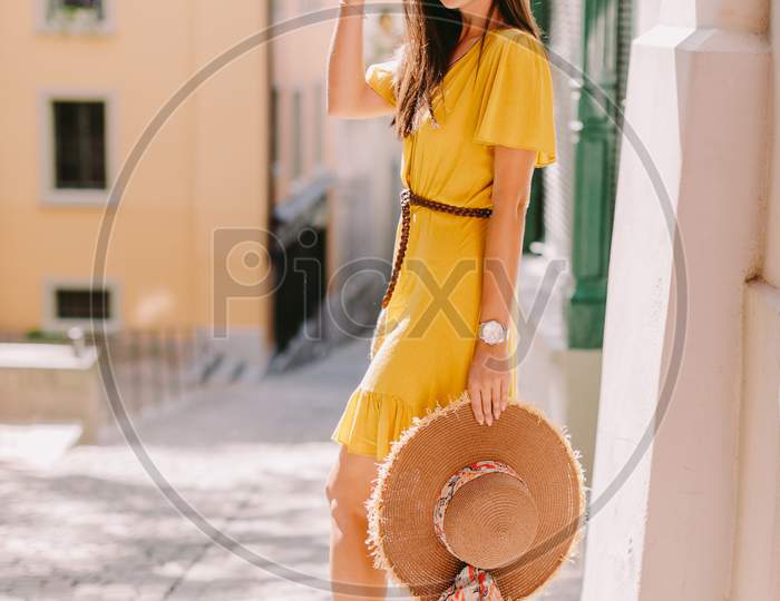 Fashion Woman Wearing Summer Dress And Sunglasses Walk In Street Outdoors