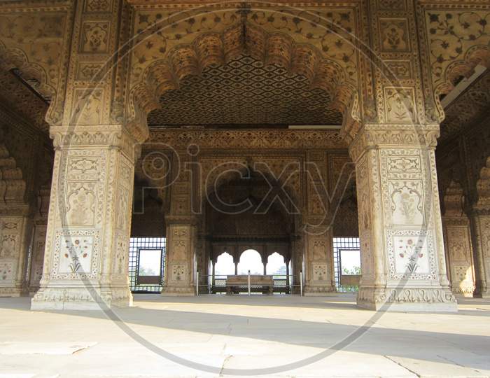 New Delhi, India - January 2019: The Details Of Intricate Carvings Around Rang Mahal Inside Red Fort In Delhi