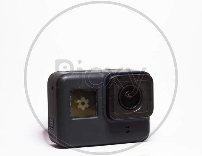Delhi, India, April 30Th 2020 Gopro Hero 7 Black Action 4K Camera With Cover Case, White Background With Space For Text