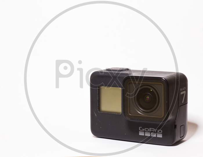 Delhi, India, April 30Th 2020 Gopro Hero 7 Black Action 4K Camera, White Background With Space For Text