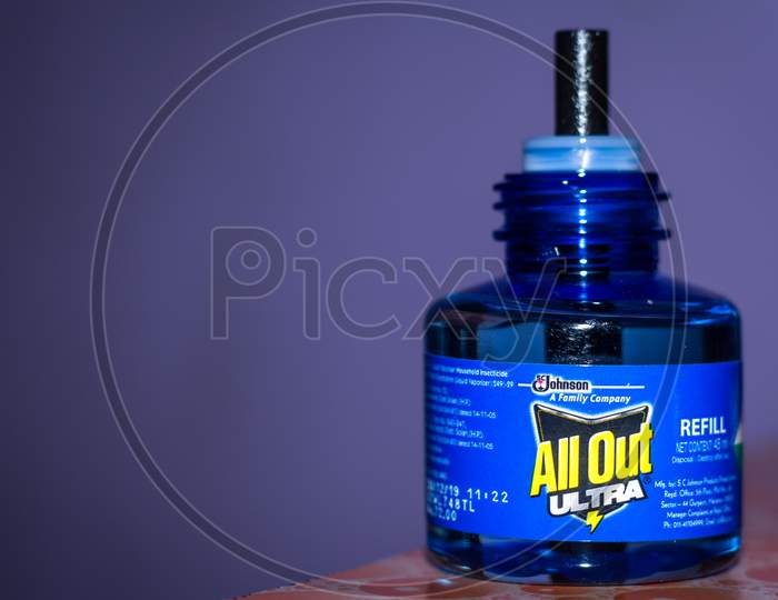 Delhi, India - 20-April-2020 : All Out Good Night Mosqueto Kill Machine Or Liquid Is Specially Formulated To Kill Dengue & Malaria Carrying Mosquitoes.