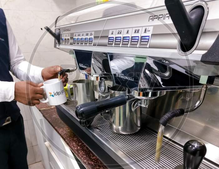 New Delhi, India - June 5, 2019 : Prepare Espresso Coffee And Various Menus With Coffee Makers In The Shop Close-Up View