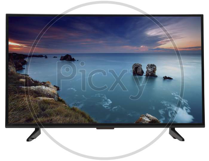 Smart TV Or Andriod TV With Beautiful Wallpaper on  Screen Over an Isolated White Background