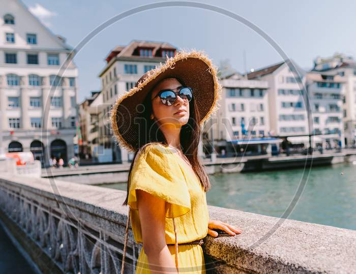 Fashion Woman In Summer Dress Travelling Europe, Switzerland.