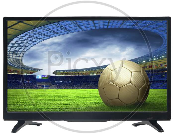 Smart TV or Android TV With a Football Stadium And Match Concept  Display Over an Isolated White Background